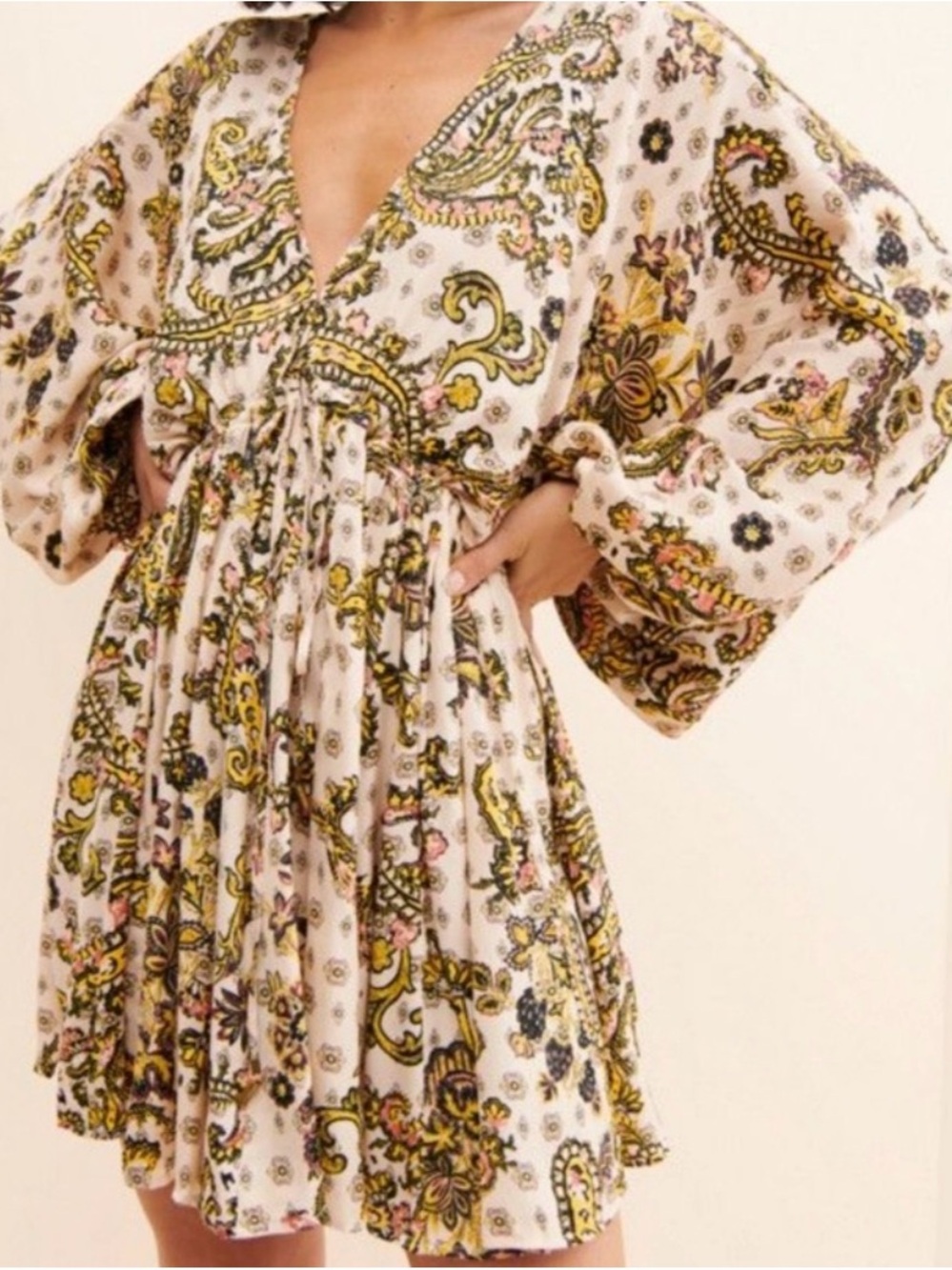 FREE PEOPLE Arzel Mini Dress Paisley V-Neck Boho Pleated Fairycore Magic Large
